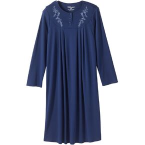 Women's Open Back Adaptive Home Care Nightgown with Crew Neck - Long Sleeve Embroidered Hospital Gown for Seniors