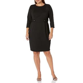 London Times Women's Work Office Business Sheath Dress with Button Waist Detail