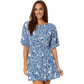 Lilly Pulitzer Parigi Boat Neck Romper Dress for Women – Flowy Skirt – Internal Shorts – Ruched Waistband Aegean Navy Beach Path XL One Size in Saudi Arabia