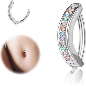ZS 14G Clicker Belly Button Rings for Women, 925 Sterling Silver Belly Barbell Piercing Simulated Diamonds Rivet Reverse Curved Navel Barbell Body Jewelry