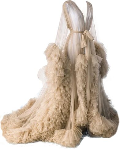 BATHGOWN Sexy Illusion Long Lingerie Tulle Robe Nightgown Bathrobe Sleepwear Bridal Robe Wedding Scarf in Saudi Arabia