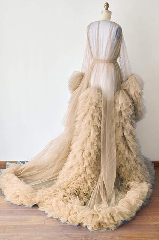 BATHGOWN Sexy Illusion Long Lingerie Tulle Robe Nightgown Bathrobe Sleepwear Bridal Robe Wedding Scarf in Saudi Arabia
