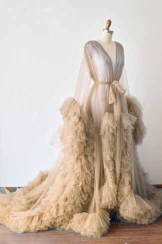 BATHGOWN Sexy Illusion Long Lingerie Tulle Robe Nightgown Bathrobe Sleepwear Bridal Robe Wedding Scarf in Saudi Arabia
