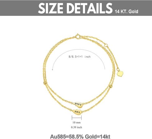 sisgem 14k الذهب الحقيقي الطبقات الخلخال للنساء، الذهب الأصفر أحبك إلى الأبد سوار الكاحل طبقات القدم الحلي هدايا لعيد الميلاد عيد الميلاد 8/8.5 + 2 بوصة in Saudi Arabia