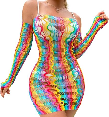 Eyret Rainbow Fishnet Bodystockings Mesh Fishnet Bodysuit Elastic Fishnet Lingerie Rave Party Bodysuit for Women and Girls in Kuwait