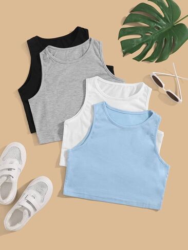 Milumia Girl's 4 Piece Casual Round Neck Sleeveless Basic Crop Tank Tops Set in Saudi Arabia