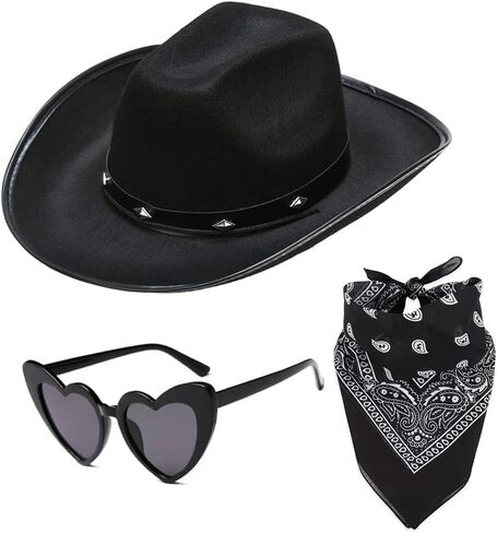 Black Cowgirl Hat with Heart Glasses & Bandana - Western Cowboy Hats Nashville Bachelorette Party - Halloween Fun Rodeo Party Costume Accessories in Kuwait