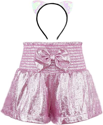 MODAFANS Girls Metallic Shorts Skirts Elastic High Waist Shiny Sparkly Sequin RaveHot Glitter Shorts with Party Headband in Kuwait