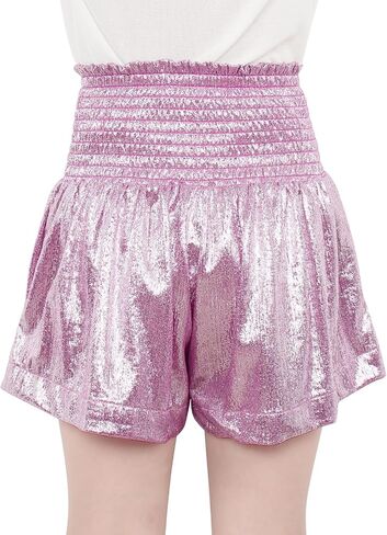 MODAFANS Girls Metallic Shorts Skirts Elastic High Waist Shiny Sparkly Sequin RaveHot Glitter Shorts with Party Headband in Kuwait