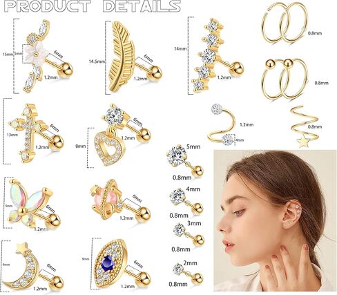 ZNBOH 19 قطعة 16G أقراط الغضروف ترصيع للنساء الفولاذ المقاوم للصدأ اللولب الزنمة الأريكة هوب ثقب العين الشريرة أقراط مكعب زركونيا أقراط Daith أقراط ثقب المجوهرات in Kuwait
