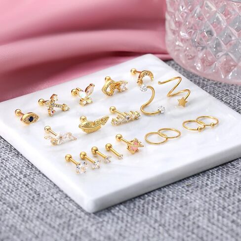 ZNBOH 19 قطعة 16G أقراط الغضروف ترصيع للنساء الفولاذ المقاوم للصدأ اللولب الزنمة الأريكة هوب ثقب العين الشريرة أقراط مكعب زركونيا أقراط Daith أقراط ثقب المجوهرات in Kuwait