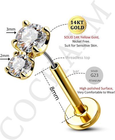 COCHARM 14K Solid Gold Ear Cartilage Earring Stud 16g Yellow Gold Flat Back Helix Stud 14K Gold Push in Tragus Earring Threadless Labret Stud 14K Gold Medusa Studs in Saudi Arabia