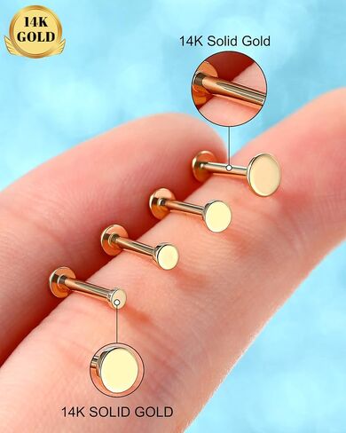 Melighting 14K الذهب الأقراط خيطي 16G الذهب الأقراط المسطحة الظهر قرص مسطح صغير بدون خيط دفع في Labret مسمار الذهب الزنمة ثقب المجوهرات للنساء محارة اللولب مسمار in Kuwait