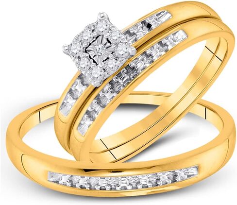 His and Hers Bridal Womens and Mens Engagment and Wedding Band Complete Trio Matching Wedding Rings Set 10K Yellow Gold Round Diamond Cluster 1/10 Cttw in Kuwait