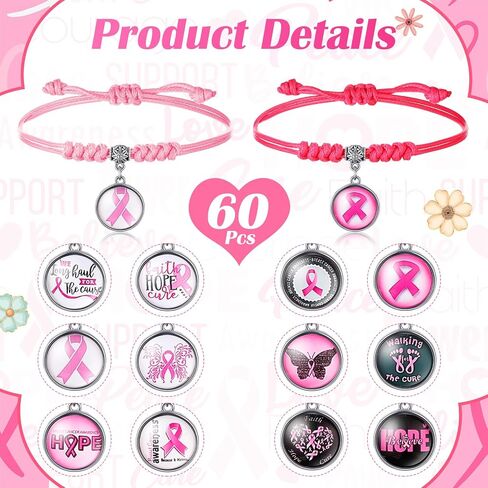 Loetere 60 Pcs Breast Cancer Awareness Bracelets Pink Ribbon Braided Bracelets Adjustable Breast Cancer Bracelets Gifts for Women Breast Cancer Survivor Gifts Support Supplies in Saudi Arabia