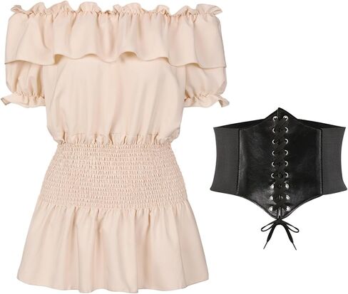 Women Renaissance Faire Costume Blouse Top Halloween Steampunk Medieval Victorian Peasant Pirate Shirt with Waist Belt in Kuwait