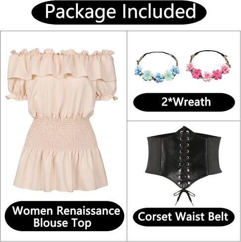 Women Renaissance Faire Costume Blouse Top Halloween Steampunk Medieval Victorian Peasant Pirate Shirt with Waist Belt in Kuwait