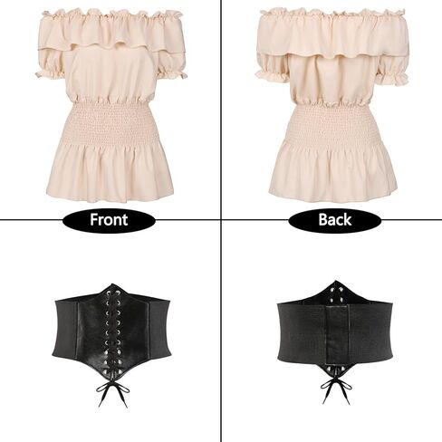 Women Renaissance Faire Costume Blouse Top Halloween Steampunk Medieval Victorian Peasant Pirate Shirt with Waist Belt in Kuwait