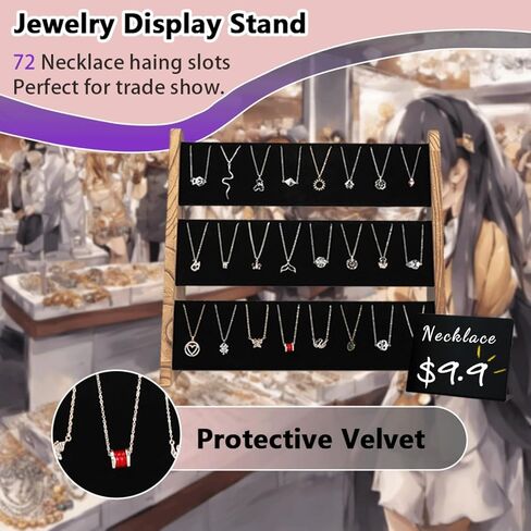 OPELETNNT عرض قلادة تقف للبيع، 3 حامل قلادة الطبقة الوقوف مع المخملية، 72 فتحات قلادة المنظم الوقوف، ريفي الخشب قلادة حامل عرض المجوهرات للبائعين العروض الحرفية in Kuwait