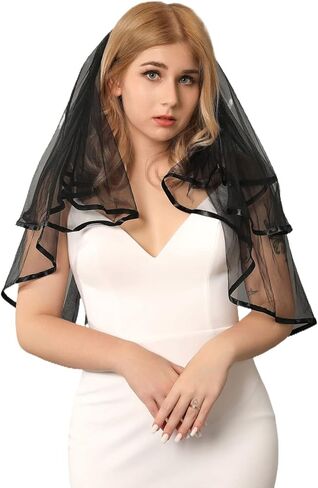 Unsutuo طرحة زفاف سوداء 2 طبقة شريط الهالوين حجاب مخصص حجاب قوطي أحمر الخدود حجاب الكوع حجاب الزفاف مع مشط للنساء والفتيات in Kuwait