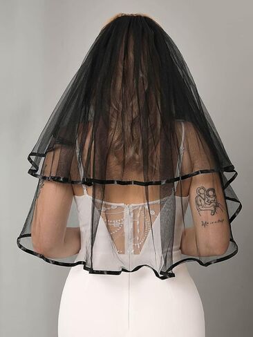 Unsutuo طرحة زفاف سوداء 2 طبقة شريط الهالوين حجاب مخصص حجاب قوطي أحمر الخدود حجاب الكوع حجاب الزفاف مع مشط للنساء والفتيات in Kuwait