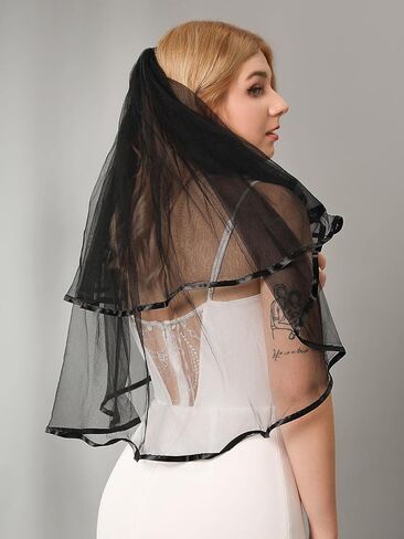 Unsutuo طرحة زفاف سوداء 2 طبقة شريط الهالوين حجاب مخصص حجاب قوطي أحمر الخدود حجاب الكوع حجاب الزفاف مع مشط للنساء والفتيات in Kuwait