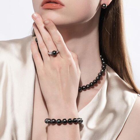 خاتم لؤلؤ تاهيتي أسود أصلي 9-10 مم، لآلئ منتقاة يدويًا بجودة AAA مع 0.36 قيراط مويسانيتي in18 خاتم فضة إسترليني مطلي بالذهب الأبيض in Kuwait