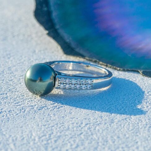 خاتم لؤلؤ تاهيتي أسود أصلي 9-10 مم، لآلئ منتقاة يدويًا بجودة AAA مع 0.36 قيراط مويسانيتي in18 خاتم فضة إسترليني مطلي بالذهب الأبيض in Kuwait