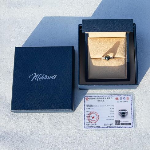 خاتم لؤلؤ تاهيتي أسود أصلي 9-10 مم، لآلئ منتقاة يدويًا بجودة AAA مع 0.36 قيراط مويسانيتي in18 خاتم فضة إسترليني مطلي بالذهب الأبيض in Kuwait