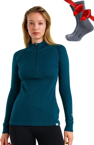 Merino Wool Base Layer Women Long Sleeve Half Zip Shirt (X-Large, 250 Deep Teal) in Saudi Arabia