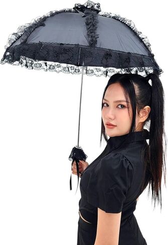 مظلة شمسية من الدانتيل على الطراز القوطي الفيكتوري من Gothika باللون الأسود | مظلة قوطية أنيقة وفريدة من نوعها للحفلات التنكرية والحماية من الشمس | إكسسوار ذو مظهر قوطي فيكتوري in Kuwait