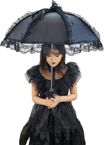 مظلة شمسية من الدانتيل على الطراز القوطي الفيكتوري من Gothika باللون الأسود | مظلة قوطية أنيقة وفريدة من نوعها للحفلات التنكرية والحماية من الشمس | إكسسوار ذو مظهر قوطي فيكتوري in Kuwait