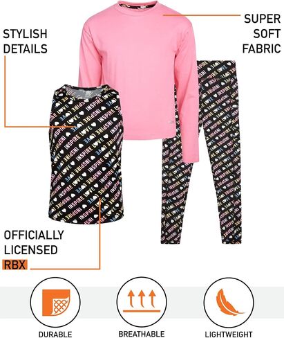 RBX Girls' Active Pants Set - 3 Piece Long Sleeve Shirt, Tank Top, and Leggings (7-16) in Saudi Arabia