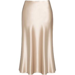 Basoteeuo Midi Skirts for Women High Waist Satin Summer Casual Sexy Midi Length Elastic Skirt