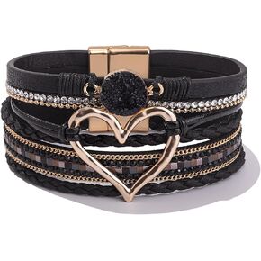 FANCY SHINY Heart Leather Wrap Bracelets Stackable Boho Cuff Bangles Trendy Resin Stone Rhinestone Bracelets with Magnetic Clasp for Women Christmas Gift Jewelry in Kuwait