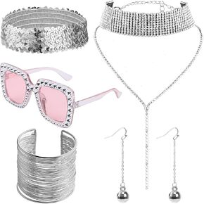 Beupy 7 Pcs Silver Disco Set 1970s Disco Accessories Disco Set Square Sparkling Sunglasses Wire Metal Coil Bracelets Glitter layered necklace Metal Mesh Grid Tassel Dangle Earrings Sequin Headband