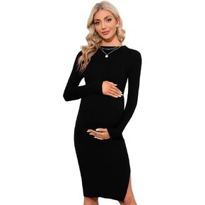 KOJOOIN Women's Bodycon Ribbed Knit Maternity Slim Fit Long Sleeves Side Slit Midi Sweater Dress