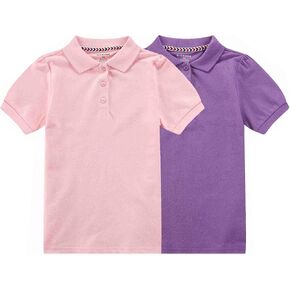 Bienzoe Girl Short Sleeve Polo: School Kids Button Up Casual Breathable Tops 2pcs Pack