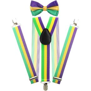 Mardi Gras Suspenders and Bow Tie Set for Men Cosplay Accessories Clip On Y Shape Adjustable Braces