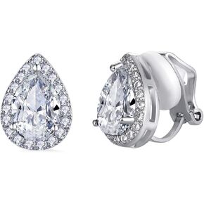 SELOVO Teardrop Cubic Zirconia Clip Earrings Stud Clip On Bridesmaid Earrings Silver Tone