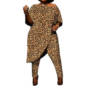 Wuitrie Two Piece Plus Size Outfits for Women Leopard Print Tracksuits Off Shoulder Tops and Pant Suits 2 Piece Sweatsuits in Kuwait