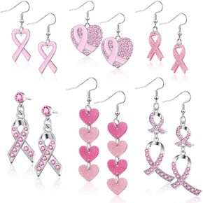 6 Pairs Pink Ribbon Heart Earrings Breast Cancer Awareness Earrings for Women Breast Cancer Jewelry Cross Dangle Earrings Cancer Survivor Gifts for Women Girls in Kuwait
