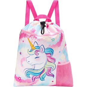 WAWSAM Mermaid Gym Drawstring Backpack String Bag - 15" × 17" Sports Gym Bag for Girls Kids Waterproof Swimming Beach Shopping Yoga Sackpack Birthday Gift with Zippered Pocket and Water Bottle Pocket