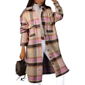 AMEBELLE Womens Fall long Flannel Plaid Grey Shacket Jacket Button UP Shirts Trench Coat
