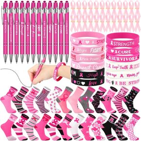 Siifert 96 Pcs Breast Cancer Awareness Accessories, Breast Cancer Socks Breast Cancer Bracelets Pink Ribbon Pins Ballpoint Pens for Women Girls Party Favor Breast Cancer Gift Decoration in Saudi Arabia