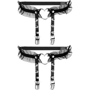 2 Pieces Adjustable Heart Shaped Leg Garters Women Girls Sexy Lace Heart Harness Garter Belts Elastic Punk Rivet Thigh Ring Garters with Non-Slip Clips for Women Black in Saudi Arabia