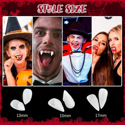 CLUEWR 3 Pairs Vampire Teeth, 3 Sizes Halloween Vampire Fangs, Fake Denture with Adhesive for Kids and Adults, Cosplay Party Props Dress Up Accessories, 13mm/ 15mm/ 17mm in Kuwait