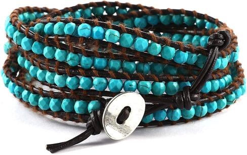 Miss Rabbit Boho Layered Leather Handmade Bracelet, Natural Stone Beaded 5 Wrap Bracelets for Women Blue Turquoise Beads Bohemian Bracelet Jewelry in Saudi Arabia