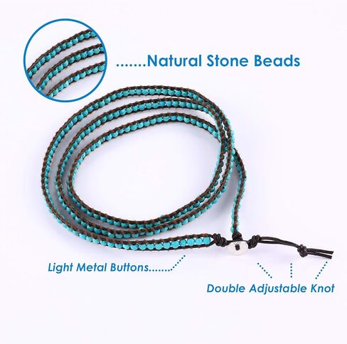 Miss Rabbit Boho Layered Leather Handmade Bracelet, Natural Stone Beaded 5 Wrap Bracelets for Women Blue Turquoise Beads Bohemian Bracelet Jewelry in Saudi Arabia