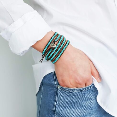 Miss Rabbit Boho Layered Leather Handmade Bracelet, Natural Stone Beaded 5 Wrap Bracelets for Women Blue Turquoise Beads Bohemian Bracelet Jewelry in Saudi Arabia